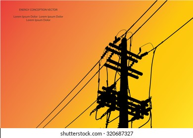 Silhouette of high voltage power lines on orange background. Vector illustration.