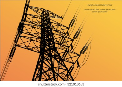 Silhouette of high voltage power lines on orange background. Vector illustration.