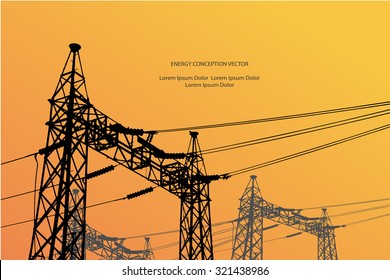 Silhouette of high voltage power lines on orange background. Vector illustration.
