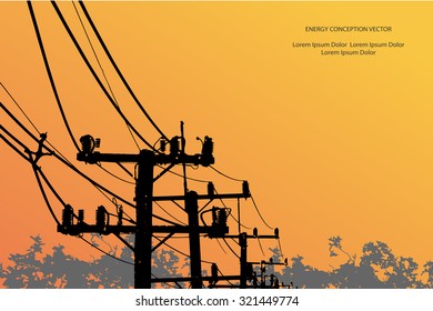 Silhouette of high voltage power lines on orange background. Vector illustration.