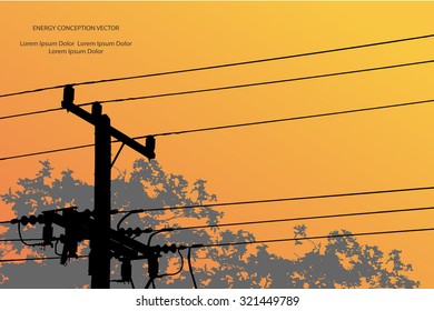 Silhouette of high voltage power lines on orange background. Vector illustration.