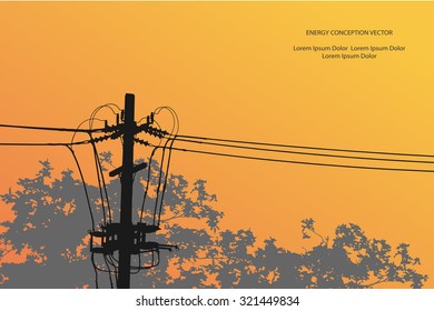 Silhouette of high voltage power lines on orange background. Vector illustration.