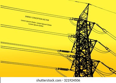 Silhouette of high voltage power lines on orange background. Vector illustration.