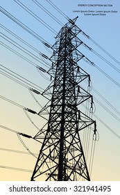 Silhouette of high voltage power lines on orange background. Vector illustration.