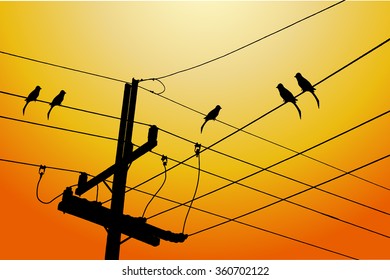 Silhouette of high voltage power lines on orange background. Vector illustration.