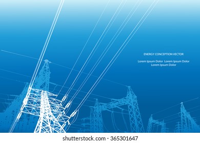 Silhouette of high voltage power lines on blue background. Vector illustration.