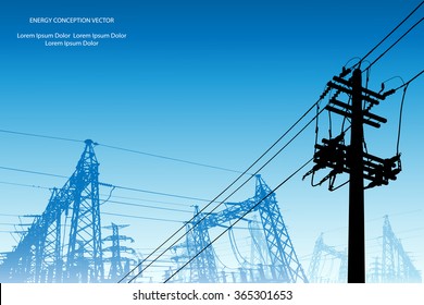 Silhouette of high voltage power lines on blue background. Vector illustration.