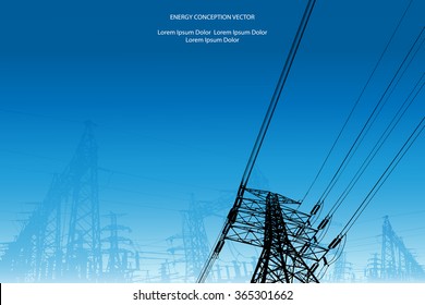 Silhouette of high voltage power lines on blue background. Vector illustration.