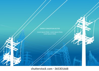 Silhouette of high voltage power lines on blue background. Vector illustration.