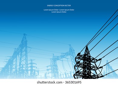 Silhouette of high voltage power lines on blue background. Vector illustration.