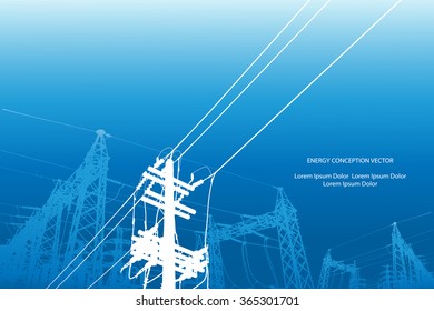 Silhouette of high voltage power lines on blue background. Vector illustration.