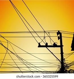 Silhouette of high voltage power lines on orange background. Vector illustration.