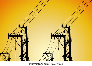 Silhouette of high voltage power lines on orange background. Vector illustration.