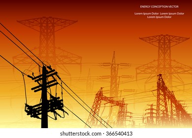 Silhouette of high voltage power lines on orange background. Vector illustration.