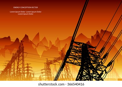 Silhouette of high voltage power lines on orange background. Vector illustration.