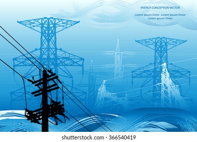 Silhouette of high voltage power lines on orange background. Vector illustration.