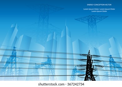 Silhouette of high voltage power lines on orange background. Vector illustration.
