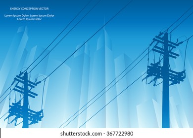 Silhouette of high voltage power lines on orange background. Vector illustration.