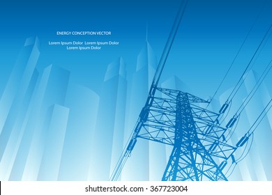 Silhouette of high voltage power lines on orange background. Vector illustration.