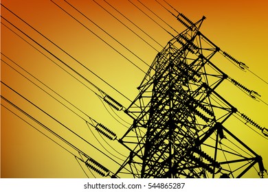 Silhouette of high voltage power lines on orange background. Vector illustration.