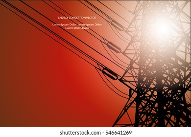 Silhouette of high voltage power lines on orange background. Vector illustration.