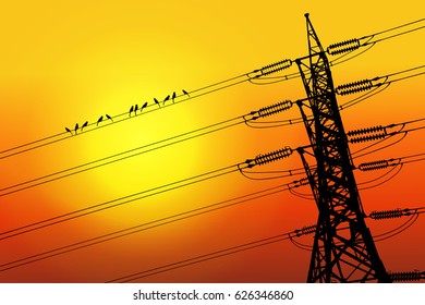 Silhouette of high voltage power lines on orange background. Vector illustration.