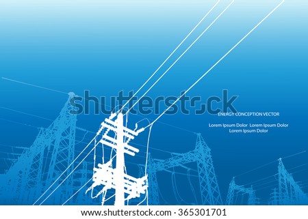 Silhouette of high voltage power lines on blue background. Vector illustration.