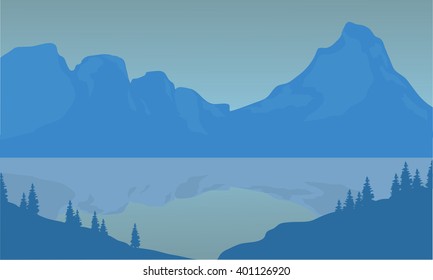 Silhouette of highlands and sea with blue background