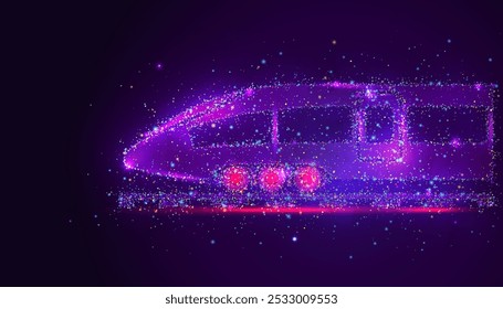 Silhouette of a high-speed train made of glowing, multicolored dots, resembling stars. The vibrant particles trace its sleek form, symbolizing speed, innovation, and cutting-edge technology.