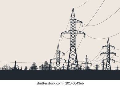 Torre de alta tensión de silueta. Energía eléctrica. ilustración vectorial