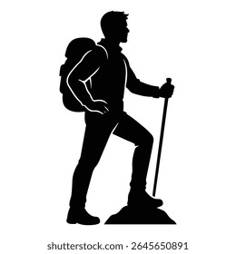 Silhueta de um Caminhante com Mochila Ascendendo a Colina com um Hiking Stick Retratando Aventura e Determinação