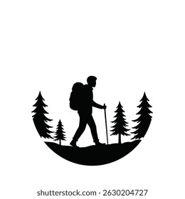 Silhouette of a hiker with backpack and hiking stick in nature scene with evergreen trees