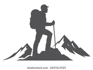 Silhouette des Wanderers mit Rucksack und Stange auf Berggipfel