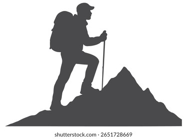 Silhueta de um caminhante com mochila e polo na montanha