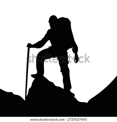 Silhouette of a hiker with backpack and pole on mountain top, ready for adventure