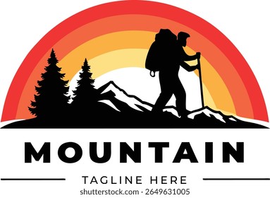 Silhouette of a hiker with a backpack and trekking pole standing on a mountain peak against a colorful sunset sky with pine trees isolated on transparent background