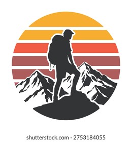 A silhouette of a hiker with a backpack and trekking pole standing on a mountain peak with snowcapped mountains and a sunset with horizontal stripes in the background