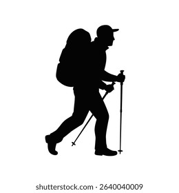 Silhouette of hiker with backpack and trekking poles.