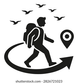 Silhouette of a hiker with backpack walking in a circular path with birds flying overhead and a navigation symbol