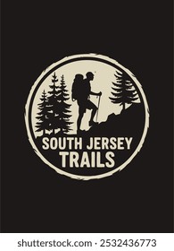 A silhouette of a hiker with a backpack walking on a trail in a forest, surrounded by trees. This rustic, outdoorsy design is perfect for promoting South Jersey trails.