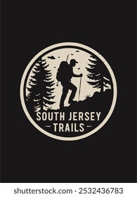 A silhouette of a hiker with a backpack walking on a trail in the woods. This is a perfect image for a logo or branding for a hiking club, nature enthusiast, or outdoor adventure company.