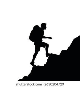 Silhouette of a hiker climbing a mountain with backpack on a challenging ascent