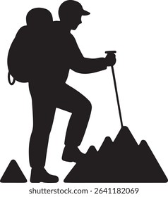 Silhouette of a hiker climbing a mountain with backpack and trekking pole achieving goal
