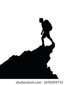 Silhouette of a hiker climbing a mountain peak against a white background illustration