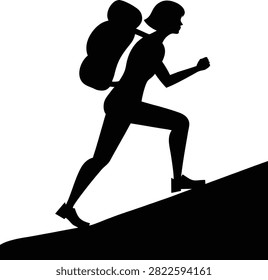 Silhouette of a hiker with a large backpack climbing a steep hill on a white background