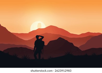 Silhouette of a Hiker Looking at the Sunset Over Mountain Range. Scenic Outdoor Illustration with Orange Sky, Rolling Hills, and Peaceful Nature Landscape