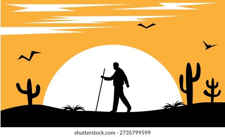 Silhouette of Hiker Man Walking through a Desert Landscape. People in nature and outdoor activities vector art
