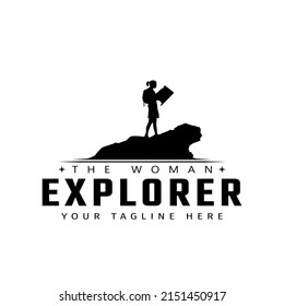 Silhouette Of A Hiker On A Cliff Looking At A Map. Logo Design Inspiration About A Nature Explorer