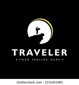 silhouette of a hiker on a cliff looking at a map. Logo design inspiration about a nature explorer