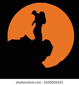 Silhouette of a Hiker Standing on Mountain Cliff Against Orange Sunset Background